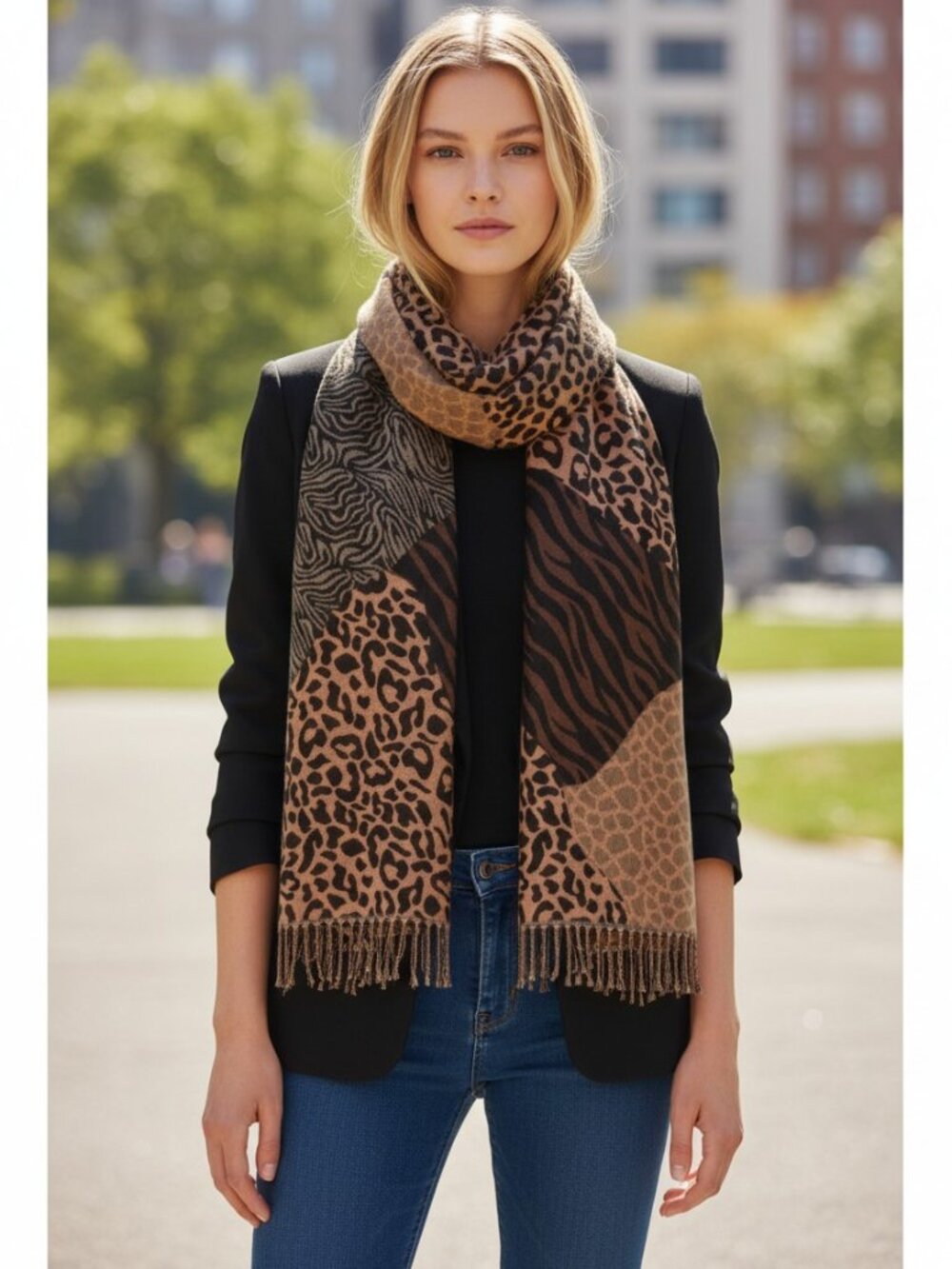 Collection Eighteen Scarf Brown, Black, Tan w/Fringe 21"x 67"